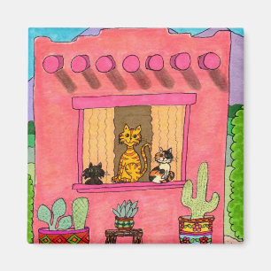 Drei Katzen in einem rosa Adobe House Magnet