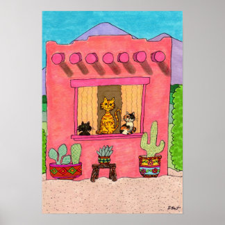 Drei Katzen in einem rosa Adobe House Poster