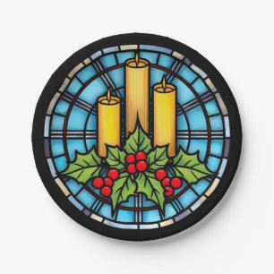 Drei Kerzen mit festgeklemmtem Weihnachtsglas Pappteller