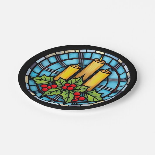 Drei Kerzen mit festgeklemmtem Weihnachtsglas Pappteller (Schrägansicht)