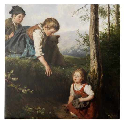 Drei Kinder, die wilde Berries im Wald picken Fliese (Vorderseite)