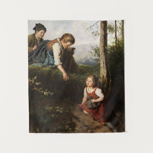 Drei Kinder, die wilde Berries im Wald picken Wandteppich (Vorderseite)