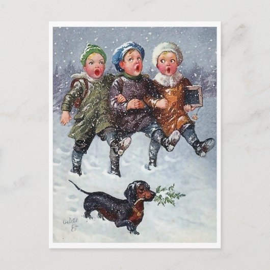 Drei Kindergesang Weihnachtslied auf Schnee und Postkarte (Vorderseite)