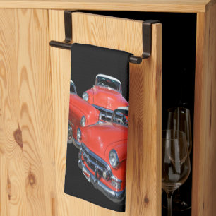 drei klassische rote und weiße Vintage-Autos, Geschirrtuch