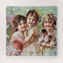 Drei kleine Mädchen und ein Hund Vintag drucken