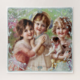 Drei kleine Mädchen und ein Hund Vintag drucken Puzzle