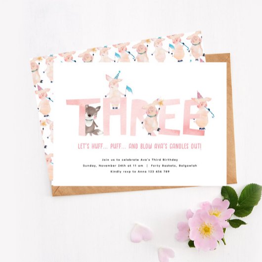 Drei kleine Schweine Big Bad Wolf, Mädchen 3. Gebu Einladung