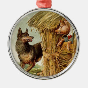 Drei kleine Schweine Böser Wolf, Vintage Märchen Silbernes Ornament