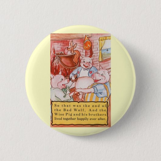 Drei kleine Schweine kochen Wolf, Vintage Märchen Button (Vorderseite)