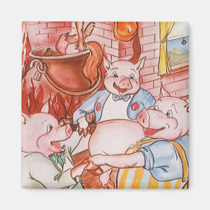 Drei kleine Schweine kochen Wolf, Vintage Märchen Magnet