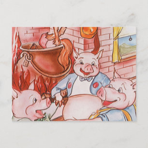 Drei kleine Schweine kochen Wolf, Vintage Märchen Postkarte