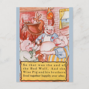 Drei kleine Schweine kochen Wolf, Vintage Märchen Postkarte