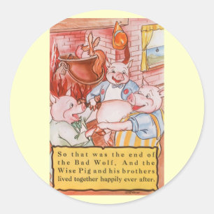 Drei kleine Schweine kochen Wolf, Vintage Märchen Runder Aufkleber