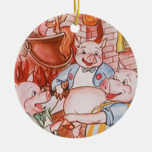 Drei kleine Schweine Kochwolf, Vintages Märchen Keramik Ornament