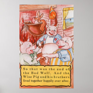 Drei kleine Schweine Kochwolf, Vintages Märchen Poster