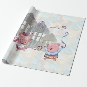 Drei kleine Schweine mit ihren Häusern Geschenkpapier