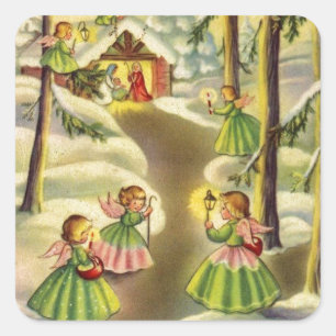 Drei kleine vintage Weihnachtsengel Quadratischer Aufkleber