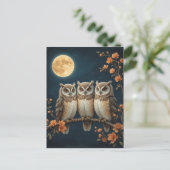 Drei kluge Owls auf einem Zweig unter Vollmond Postkarte (Stehend Vorderseite)
