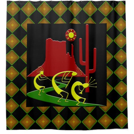 Drei Kokopelli auf der Straße Duschvorhang (Vorderseite)