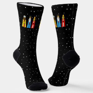 Drei Könige & Schneeflocken auf schwarzen Crew Soc Socken
