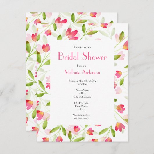 Drei Korallenrosa Wasserfarben-Blume Muster Einladung (Vorne/Hinten)