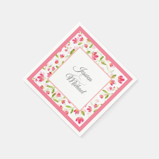 Drei Korallenrosa Wasserfarben-Blume Muster Serviette (Ecke)