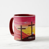 Drei Kreuz-Kreuzigungs-John-3:16 Tasse (Vorderseite Links)
