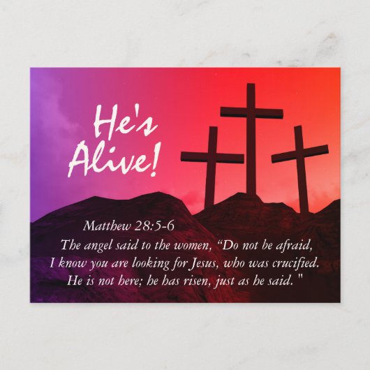 Drei Kreuze "He's Alive" Ostern Postkarte (Vorderseite)