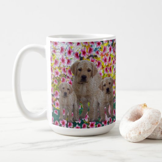 Drei Labrador Welpen Öl gestrichen, Kaffeetasse (Mit Donut)