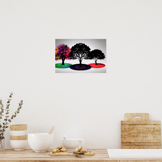 Drei lebendige, traumhafte Bäume mit weißem Hinter Poster (Küche)