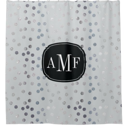 Drei Letter Monogram Silver Glitzer Dots auf Grau Duschvorhang (Vorderseite)