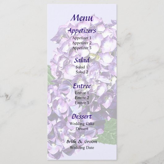 Drei Lila Hydrangea-Cluster-Hochzeitmenü Menükarte (Vorderseite)