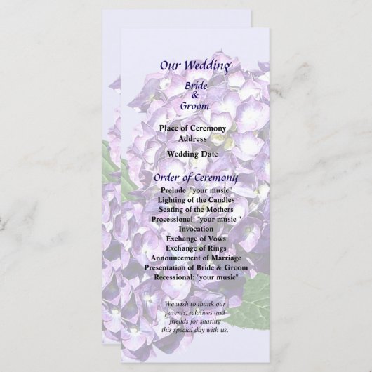Drei Lila Hydrangea-Cluster-Hochzeitsprogramm Programm (Vorne/Hinten)