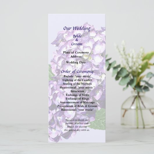 Drei Lila Hydrangea-Cluster-Hochzeitsprogramm Programm (Stehend Vorderseite)