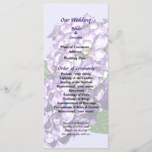 Drei Lila Hydrangea-Cluster-Hochzeitsprogramm Programm (Vorderseite)