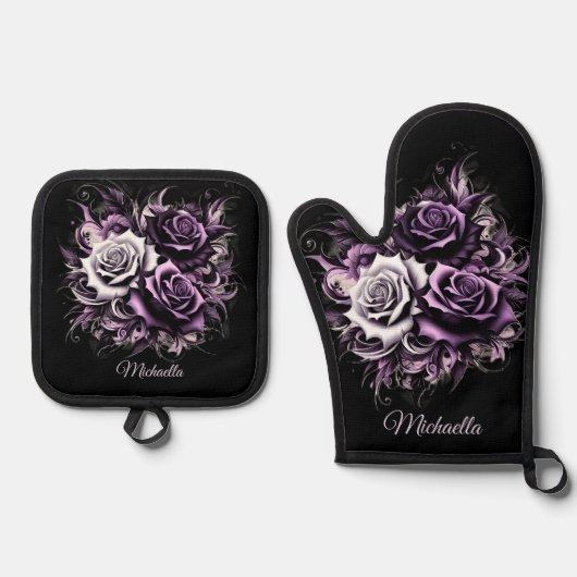 Drei Lila Rose Ofenhandschuh & Topflappen-Set (Vorderseite)