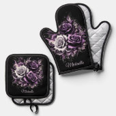 Drei Lila Rose Ofenhandschuh & Topflappen-Set (Vorderseite/Rückseite)