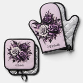 Drei Lila Rose Ofenhandschuh & Topflappen-Set (Vorderseite/Rückseite)