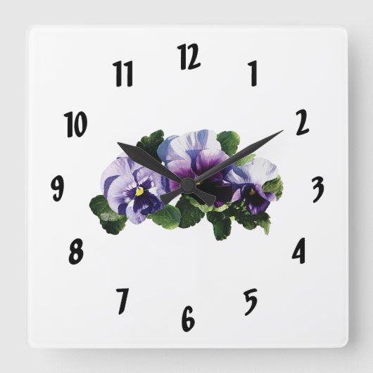 Drei Lila Stiefmütterchen Quadratische Wanduhr (Vorderseite)