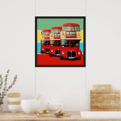 Drei Londoner Busse mit farbigen Streifen im Hinte Poster (Küche)