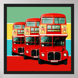 Drei Londoner Busse mit farbigen Streifen im Hinte Poster