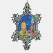 drei lustige Carolsänger Schneeszene Schneeflocken Zinn-Ornament (Links)