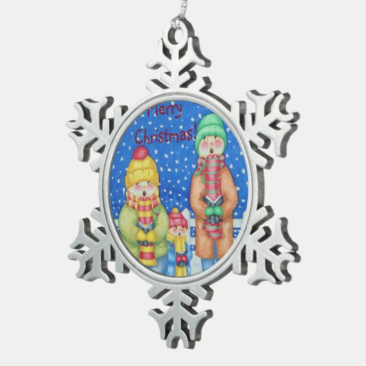drei lustige Carolsänger Schneeszene Schneeflocken Zinn-Ornament (Rechts)