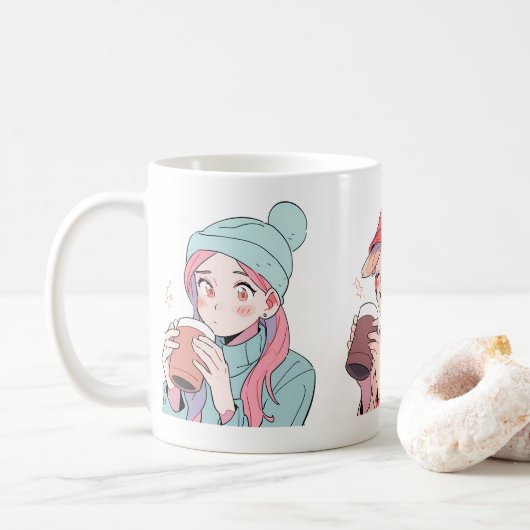 Drei Mädchen genießen das Getränk Kaffeetasse (Mit Donut)