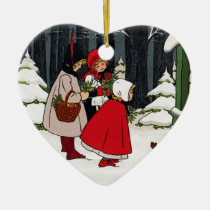 Drei Mädchen mit Mistelzweig Vintage-Weihnachten Keramik Ornament