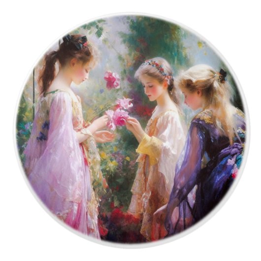 Drei Mädchen spielen im Garten Keramikknauf (Vorderseite)