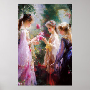 Drei Mädchen spielen im Garten Poster