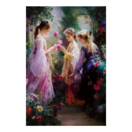 Drei Mädchen spielen im Garten Poster