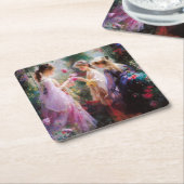 Drei Mädchen spielen im Garten Rechteckiger Pappuntersetzer (angewinkelt)