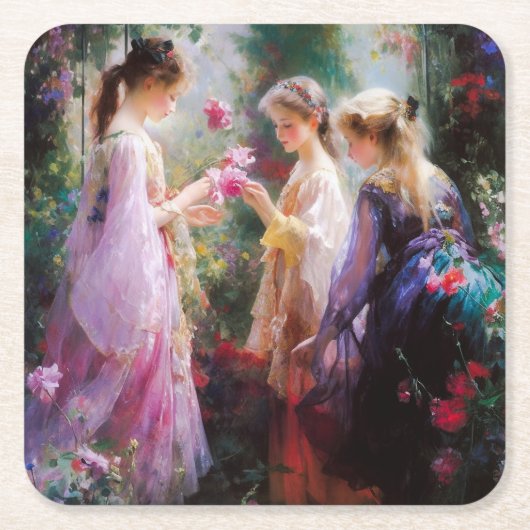 Drei Mädchen spielen im Garten Rechteckiger Pappuntersetzer (Vorderseite)